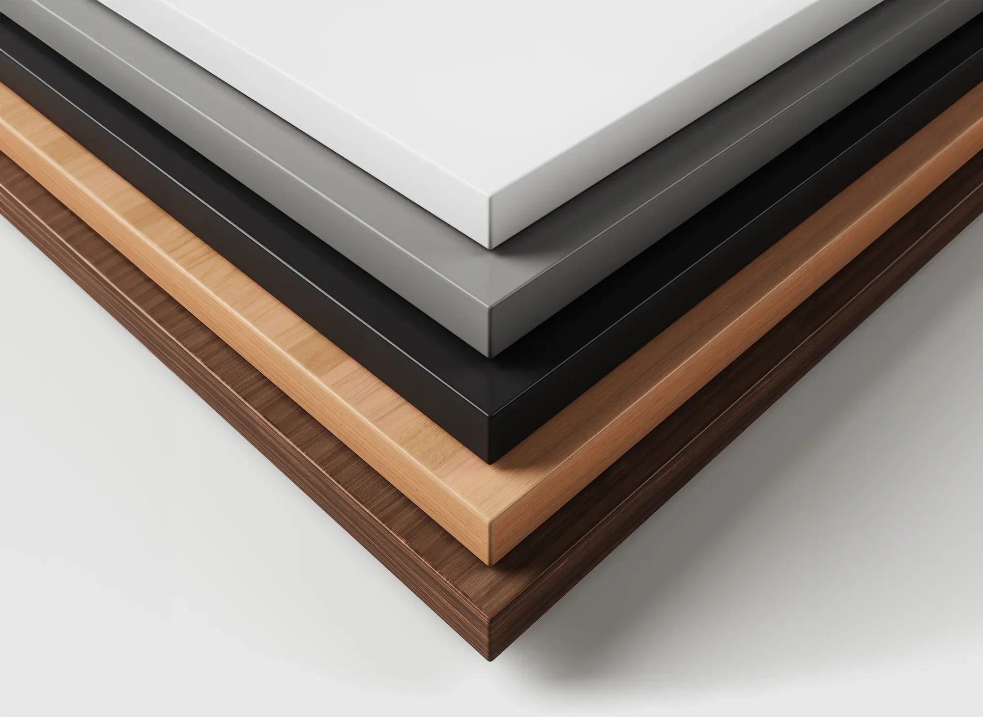 Standing desk tabletop finishes by Fittrock – Dark Maple, Frosty White, Black, Ice Beige, Grey