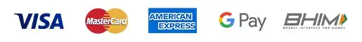 Logos of Visa, Mastercard, American Express, Google Pay, and BHIM arranged horizontally.