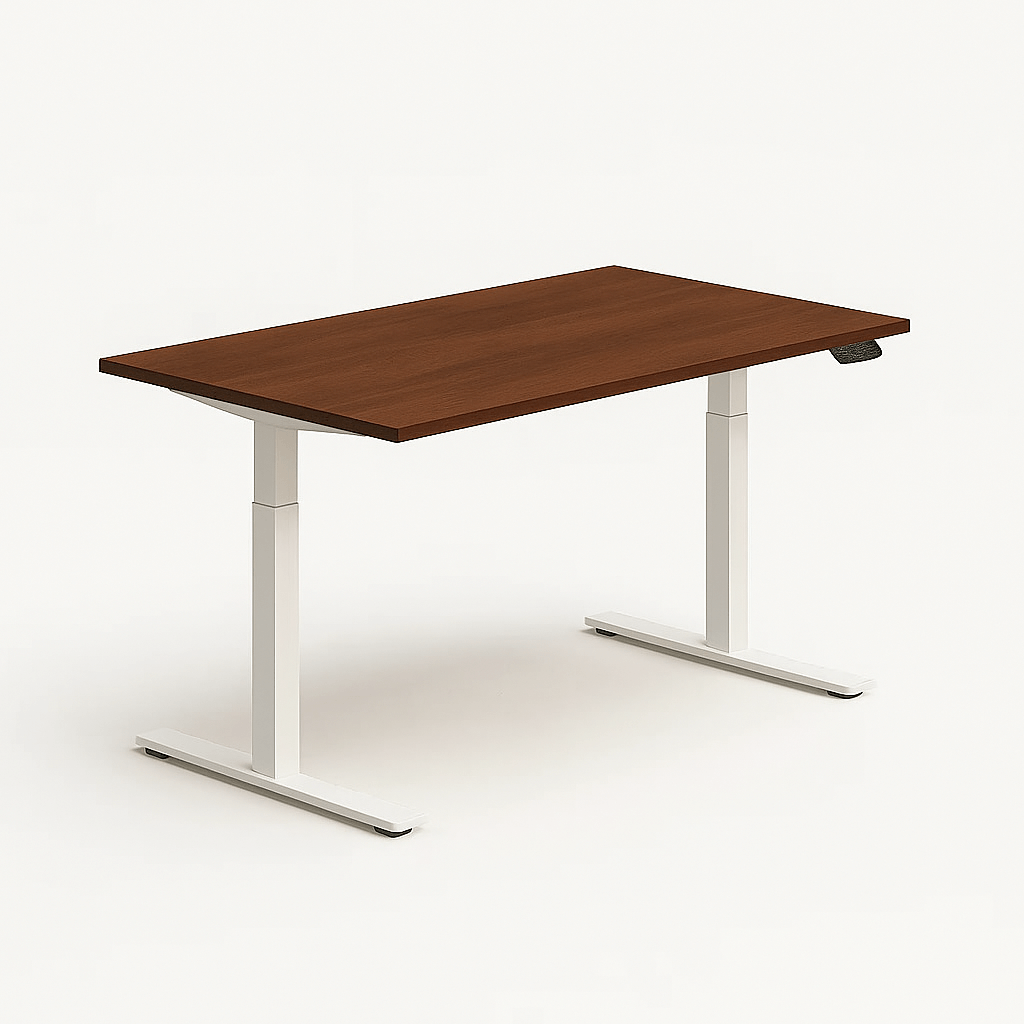 Adjustable sit-stand desk by Fittrock – white frame with Dark Maple top