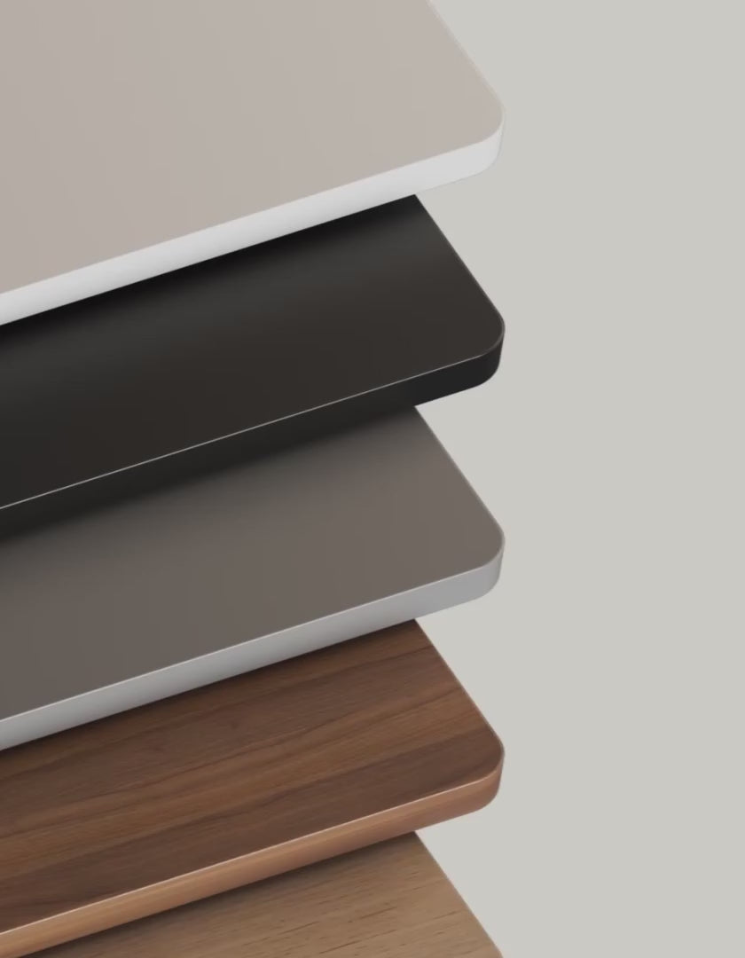 Fittrock standing desk tabletop colour options video – Dark Maple, Frosty White, Black, Ice Beige, Grey